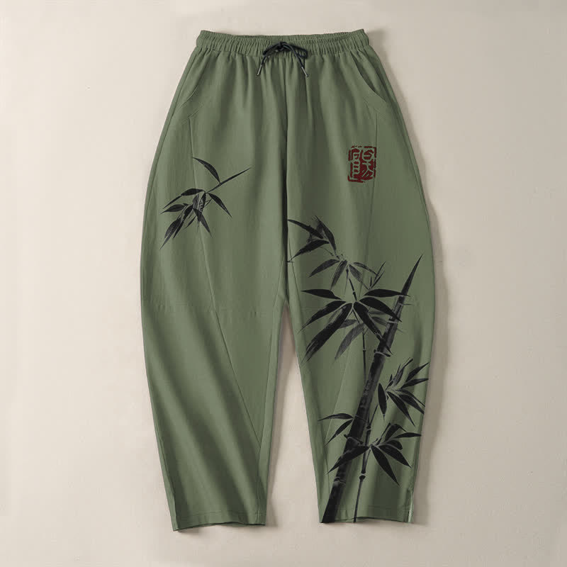 Buddha Stones Pure Cotton Oriental Ink Bamboo Pattern Drawstring Men's Tapered Pants With Pockets - image 9