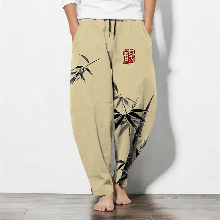 Buddha Stones Pure Cotton Oriental Ink Bamboo Pattern Drawstring Men's Tapered Pants With Pockets - PaleGoldenrod - US/UK/AU50，EU60 (5XL) - image 11
