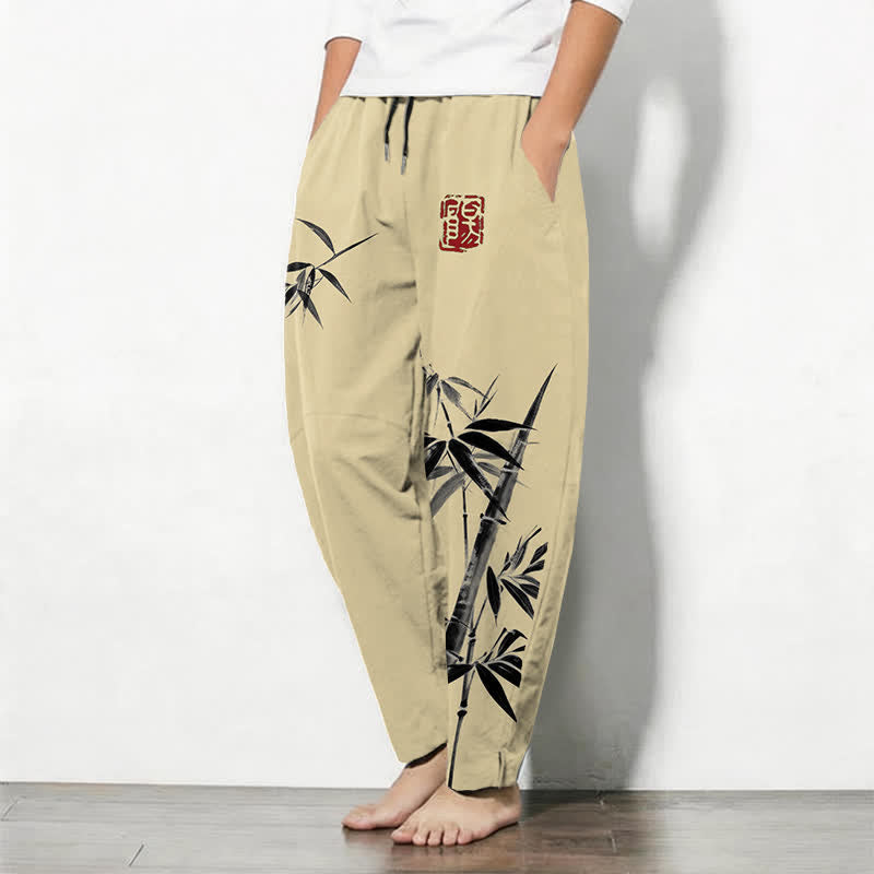 Buddha Stones Pure Cotton Oriental Ink Bamboo Pattern Drawstring Men's Tapered Pants With Pockets - image 12