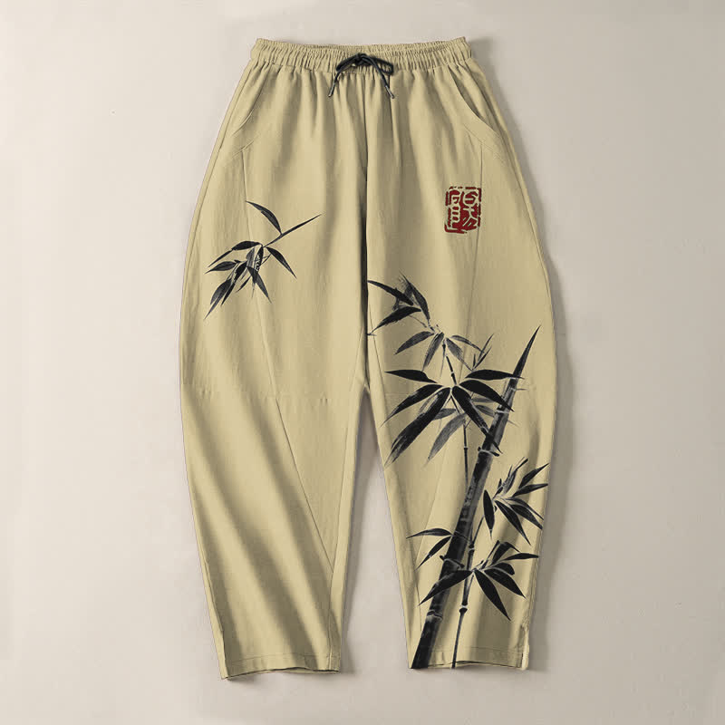 Buddha Stones Pure Cotton Oriental Ink Bamboo Pattern Drawstring Men's Tapered Pants With Pockets - image 13