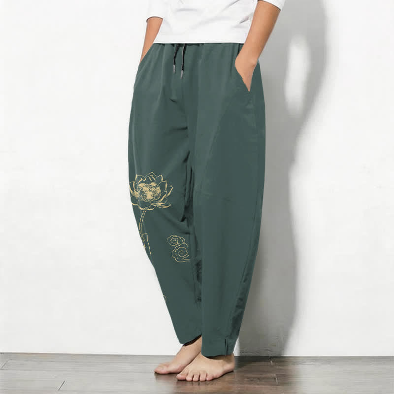 Buddha Stones Pure Cotton Golden Lotus Cloud Pattern Drawstring Men's Tapered Pants With Pockets - image 1