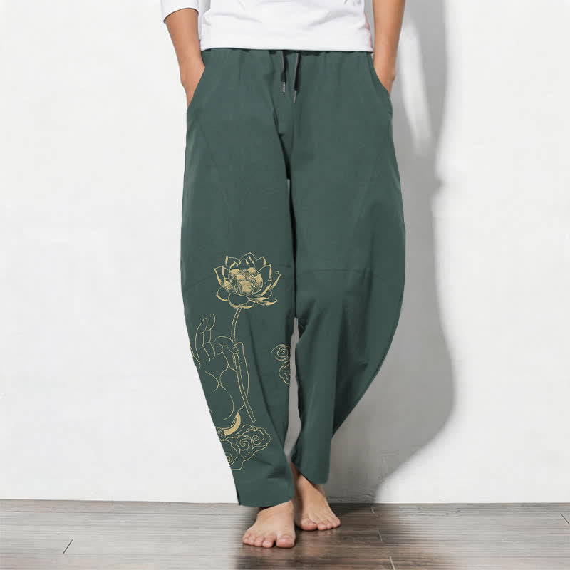 Buddha Stones Pure Cotton Golden Lotus Cloud Pattern Drawstring Men's Tapered Pants With Pockets - Teal - US/UK/AU50，EU60 (5XL) - image 0