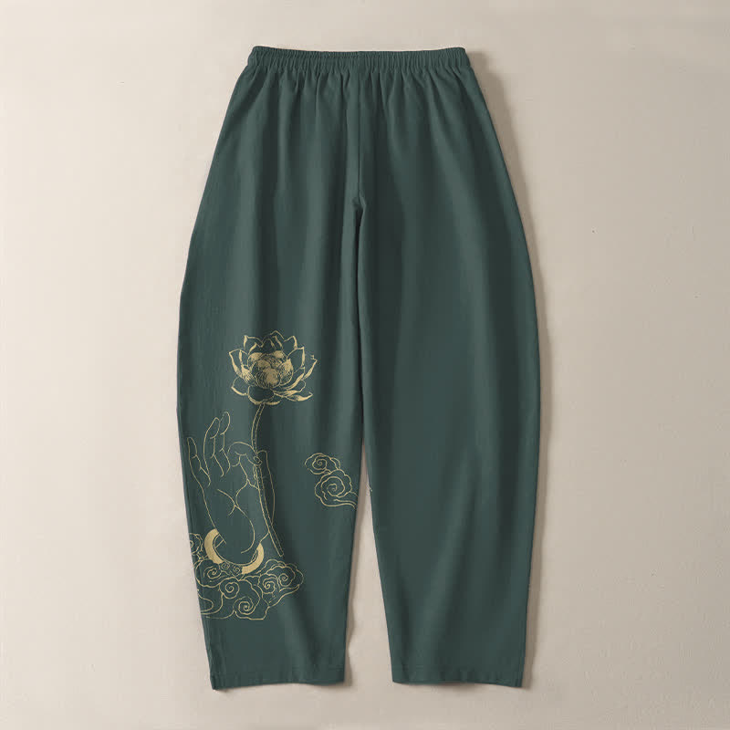 Buddha Stones Pure Cotton Golden Lotus Cloud Pattern Drawstring Men's Tapered Pants With Pockets - image 3
