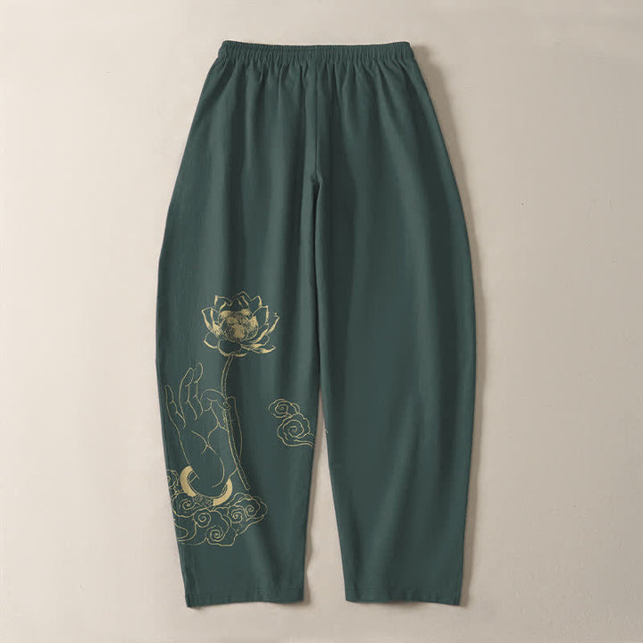 Buddha Stones Pure Cotton Golden Lotus Cloud Pattern Drawstring Men's Tapered Pants With Pockets - image 3