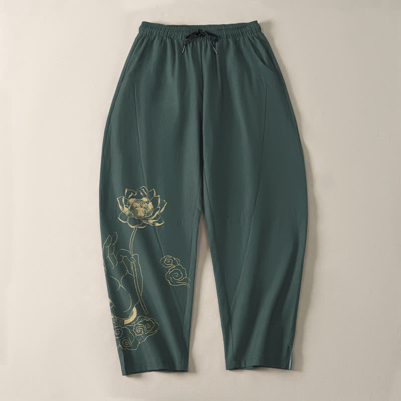 Buddha Stones Pure Cotton Golden Lotus Cloud Pattern Drawstring Men's Tapered Pants With Pockets - image 2