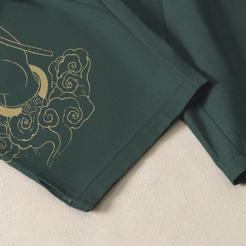 Buddha Stones Pure Cotton Golden Lotus Cloud Pattern Drawstring Men's Tapered Pants With Pockets - image 5