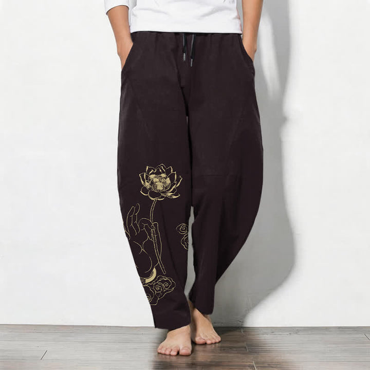 Buddha Stones Pure Cotton Golden Lotus Cloud Pattern Drawstring Men's Tapered Pants With Pockets - SaddleBrown - US/UK/AU50，EU60 (5XL) - image 7