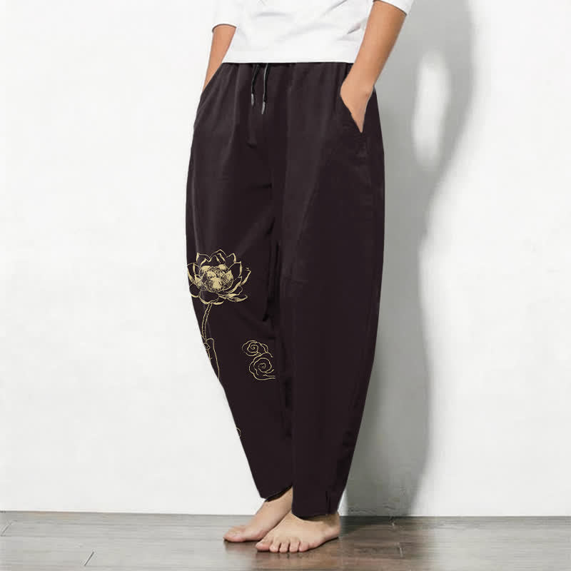 Buddha Stones Pure Cotton Golden Lotus Cloud Pattern Drawstring Men's Tapered Pants With Pockets - image 8