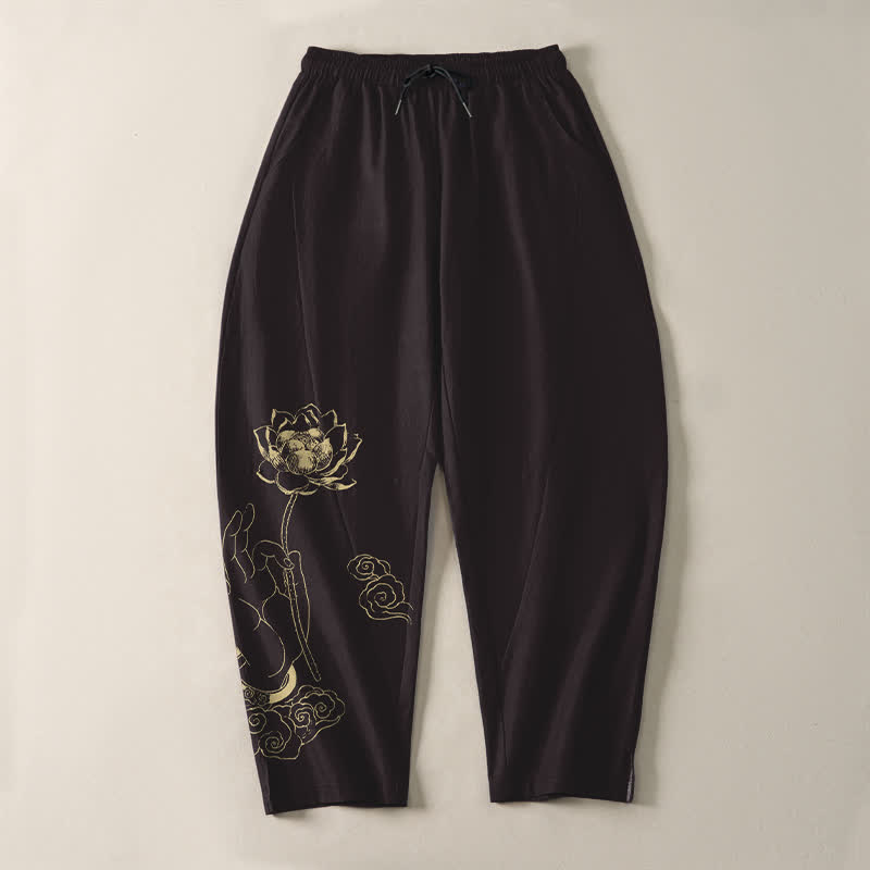 Buddha Stones Pure Cotton Golden Lotus Cloud Pattern Drawstring Men's Tapered Pants With Pockets - image 9