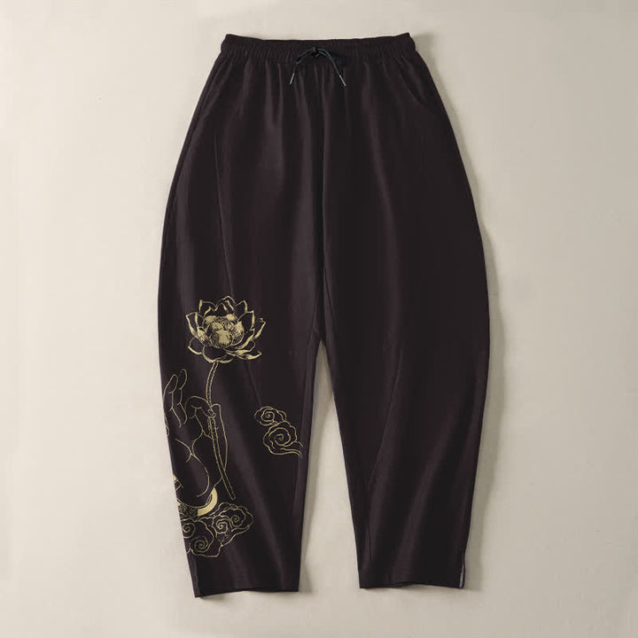 Buddha Stones Pure Cotton Golden Lotus Cloud Pattern Drawstring Men's Tapered Pants With Pockets - image 9