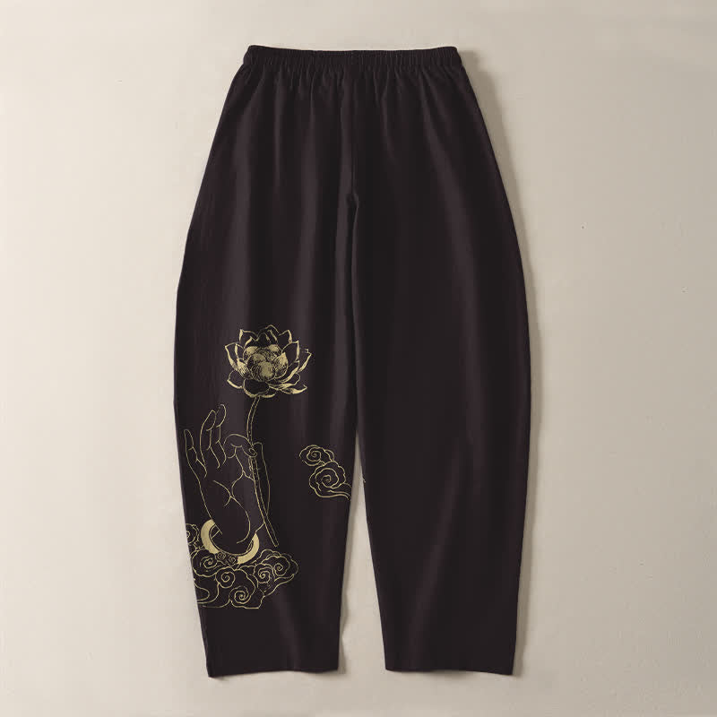 Buddha Stones Pure Cotton Golden Lotus Cloud Pattern Drawstring Men's Tapered Pants With Pockets - image 10