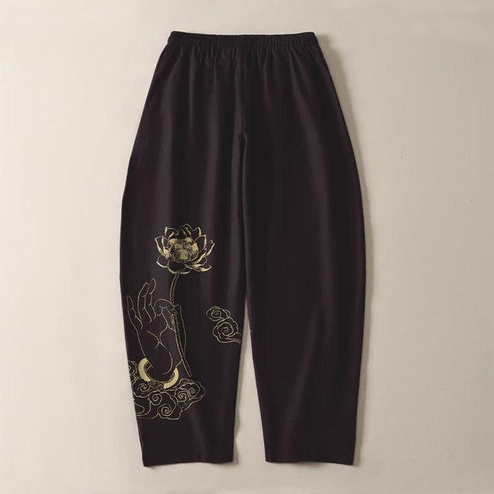 Buddha Stones Pure Cotton Golden Lotus Cloud Pattern Drawstring Men's Tapered Pants With Pockets - image 10