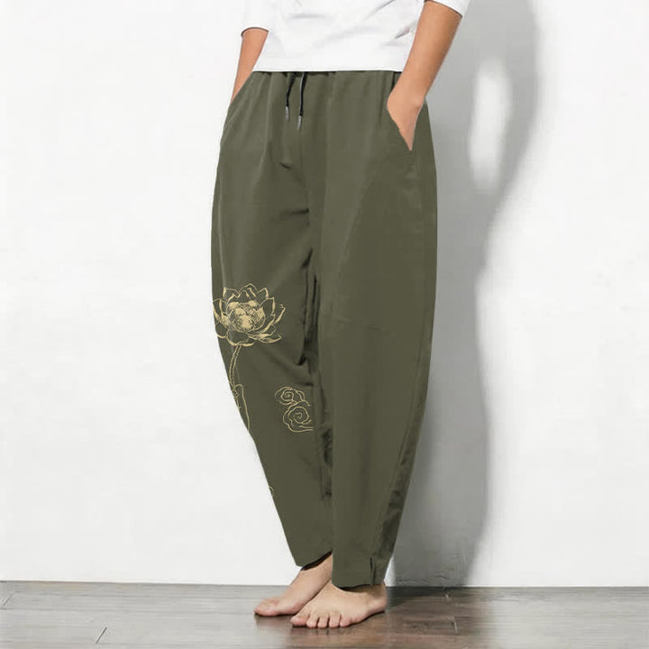 Buddha Stones Pure Cotton Golden Lotus Cloud Pattern Drawstring Men's Tapered Pants With Pockets - image 12