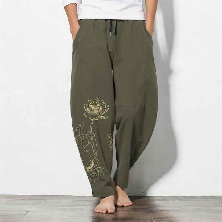 Buddha Stones Pure Cotton Golden Lotus Cloud Pattern Drawstring Men's Tapered Pants With Pockets - Olive - US/UK/AU50，EU60 (5XL) - image 11
