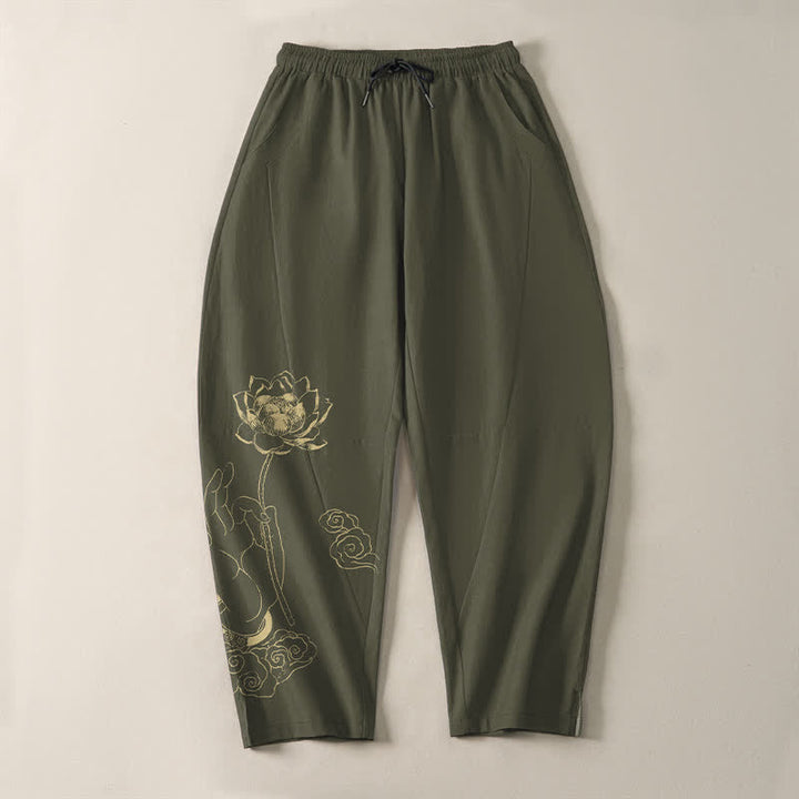 Buddha Stones Pure Cotton Golden Lotus Cloud Pattern Drawstring Men's Tapered Pants With Pockets - image 13