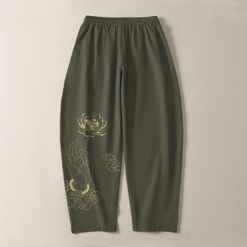 Buddha Stones Pure Cotton Golden Lotus Cloud Pattern Drawstring Men's Tapered Pants With Pockets - image 14