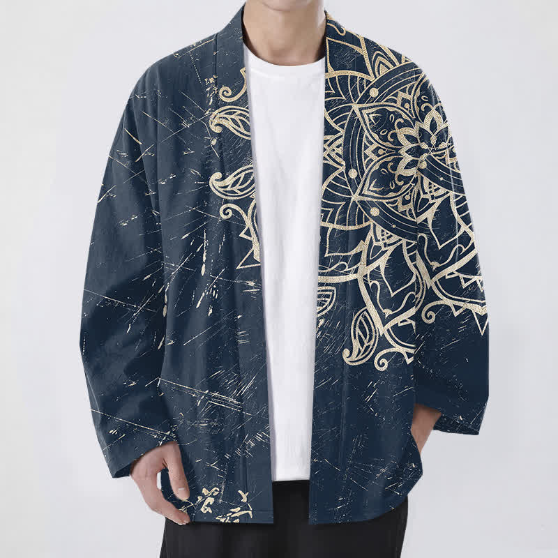 Buddha Stones Cotton Distressed Mandala Pattern Open Front Men's Kimono - Navy - US/UK/AU48，EU58 (4XL) - image 0