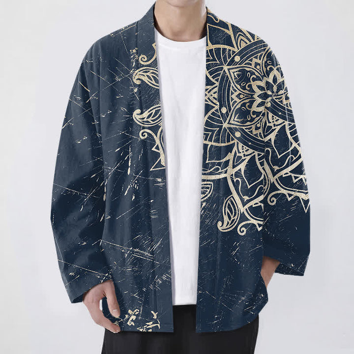 Buddha Stones Cotton Distressed Mandala Pattern Open Front Men's Kimono - Navy - US/UK/AU48，EU58 (4XL) - image 0