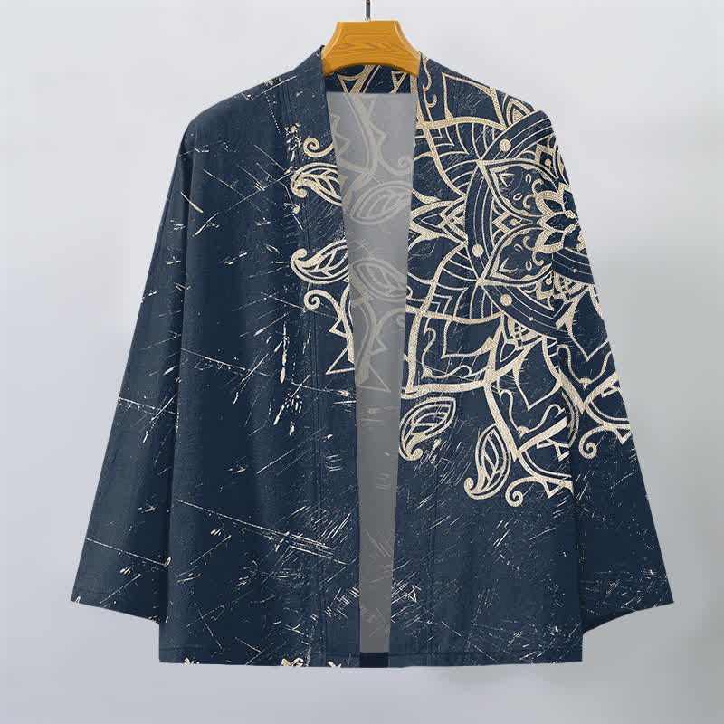 Buddha Stones Cotton Distressed Mandala Pattern Open Front Men's Kimono - image 1