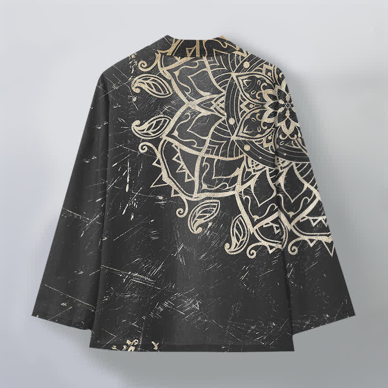 Buddha Stones Cotton Distressed Mandala Pattern Open Front Men's Kimono - image 11