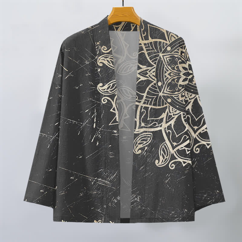 Buddha Stones Cotton Distressed Mandala Pattern Open Front Men's Kimono - image 10