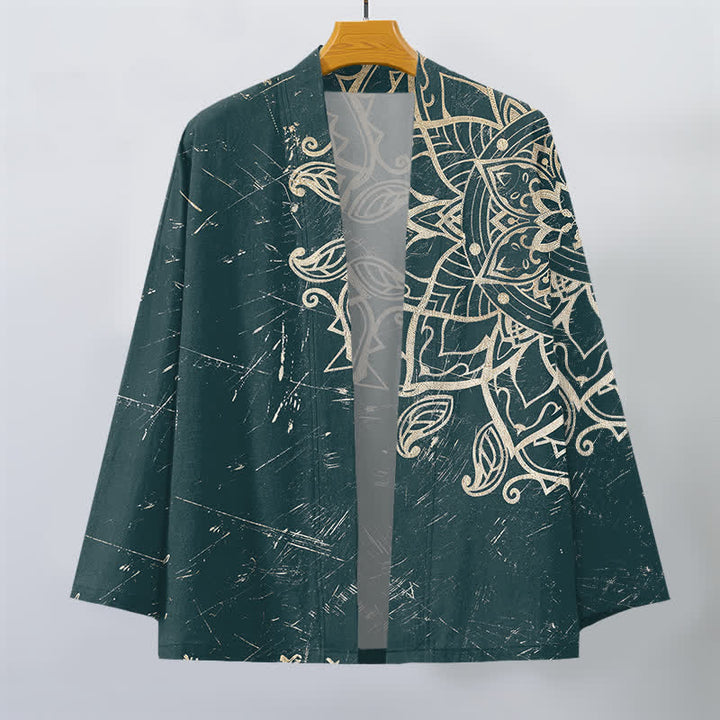 Buddha Stones Cotton Distressed Mandala Pattern Open Front Men's Kimono - image 7