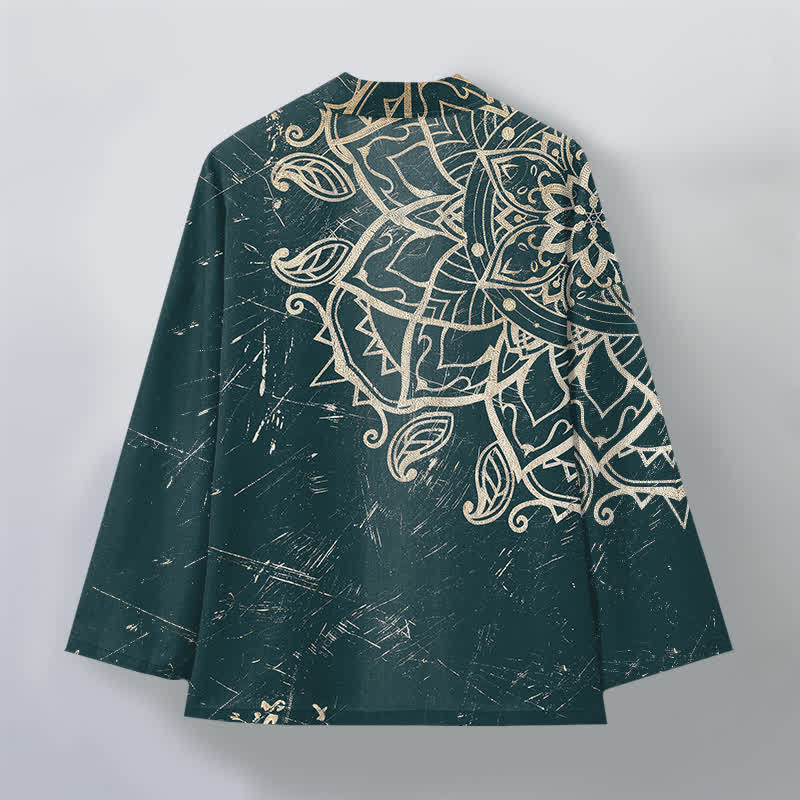 Buddha Stones Cotton Distressed Mandala Pattern Open Front Men's Kimono - image 8