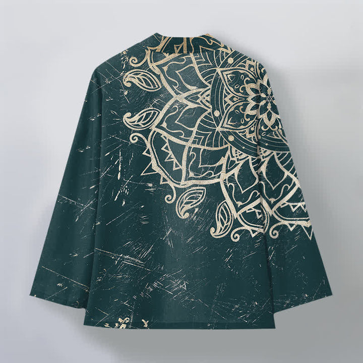 Buddha Stones Cotton Distressed Mandala Pattern Open Front Men's Kimono - image 8
