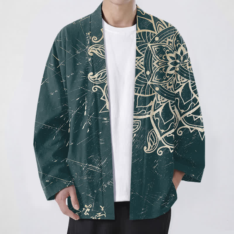 Buddha Stones Cotton Distressed Mandala Pattern Open Front Men's Kimono - Teal - US/UK/AU48，EU58 (4XL) - image 6