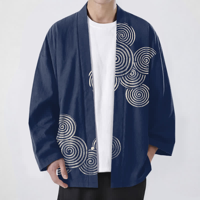 Buddha Stones Cotton Concentric Spiral Pattern Open Front Men's Kimono - Navy - US/UK/AU48，EU58 (4XL) - image 0