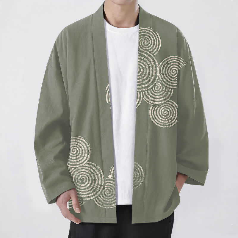 Buddha Stones Cotton Concentric Spiral Pattern Open Front Men's Kimono - DarkSeaGreen - US/UK/AU48，EU58 (4XL) - image 6