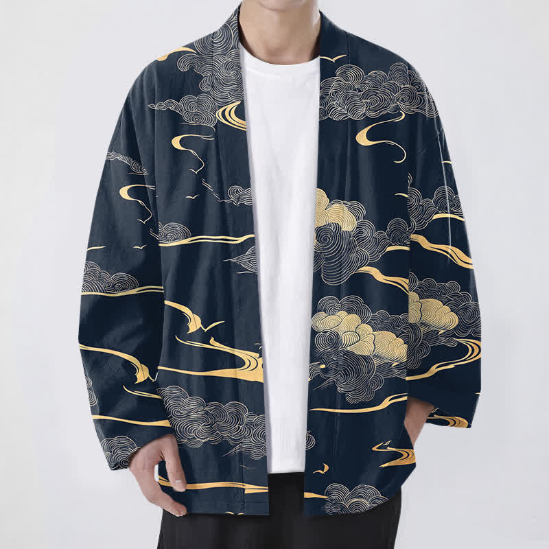 Buddha Stones Cotton Golden Cloud Pattern Open Front Men's Kimono - Navy - US/UK/AU48，EU58 (4XL) - image 0