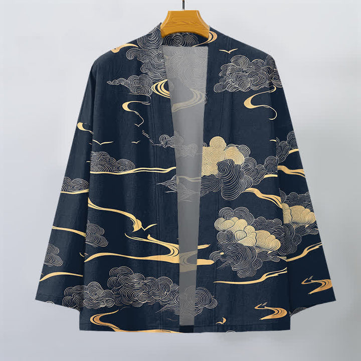 Buddha Stones Cotton Golden Cloud Pattern Open Front Men's Kimono - image 1