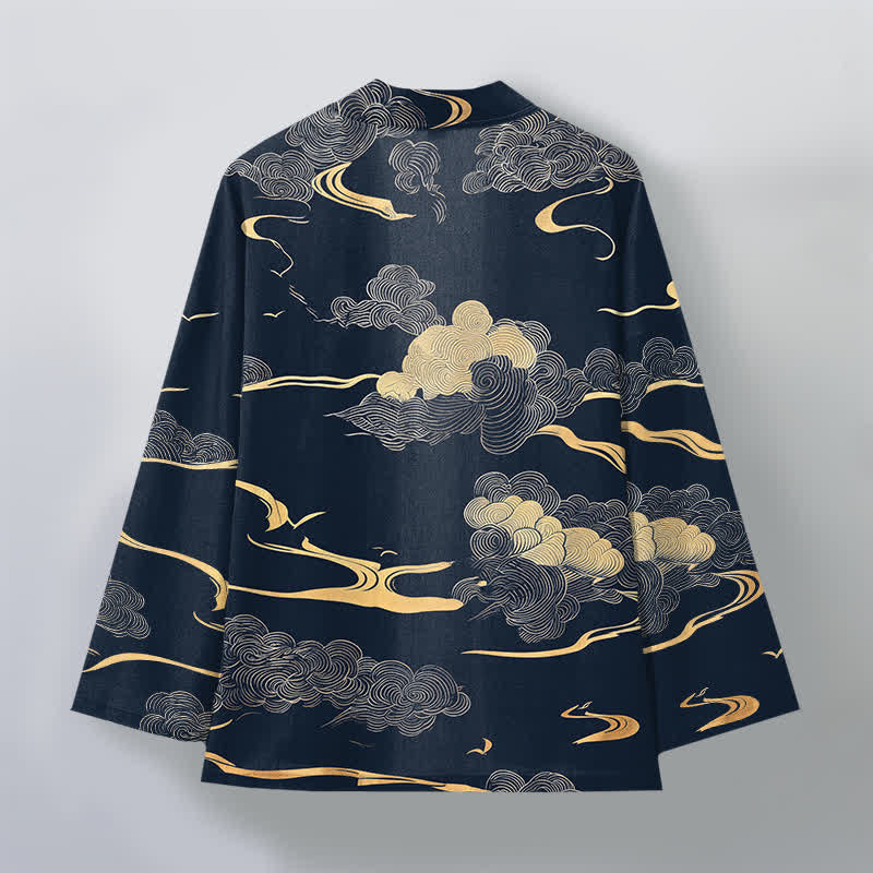 Buddha Stones Cotton Golden Cloud Pattern Open Front Men's Kimono - image 2
