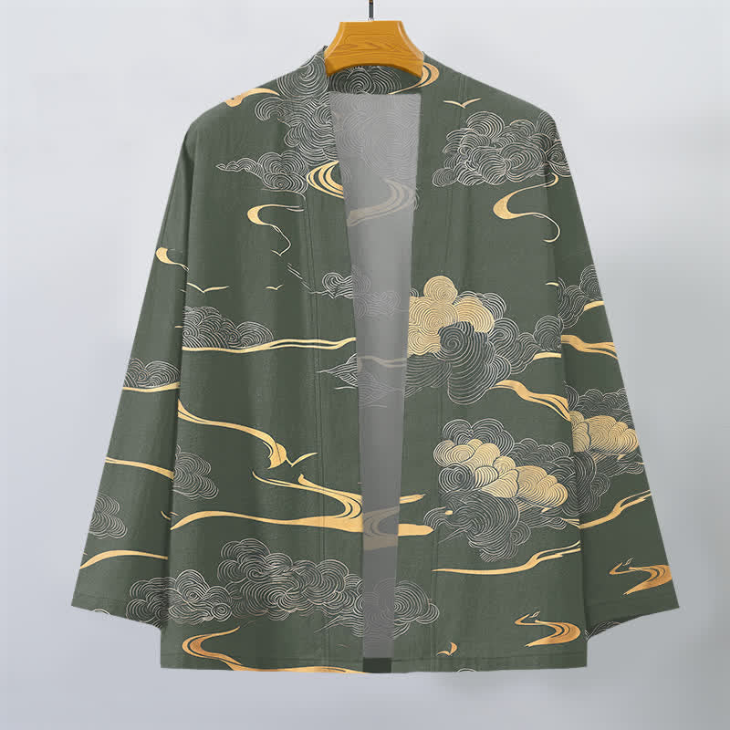 Buddha Stones Cotton Golden Cloud Pattern Open Front Men's Kimono - image 7