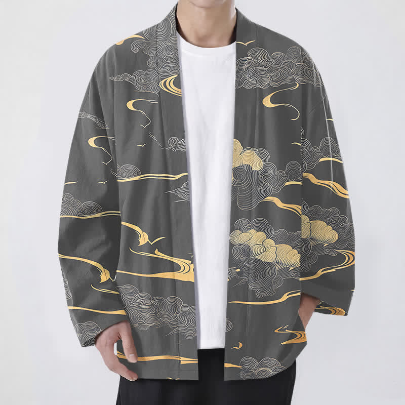 Buddha Stones Cotton Golden Cloud Pattern Open Front Men's Kimono - Gray - US/UK/AU48，EU58 (4XL) - image 9