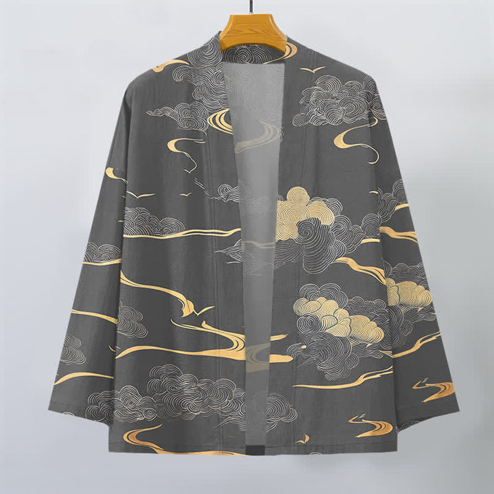 Buddha Stones Cotton Golden Cloud Pattern Open Front Men's Kimono - image 10