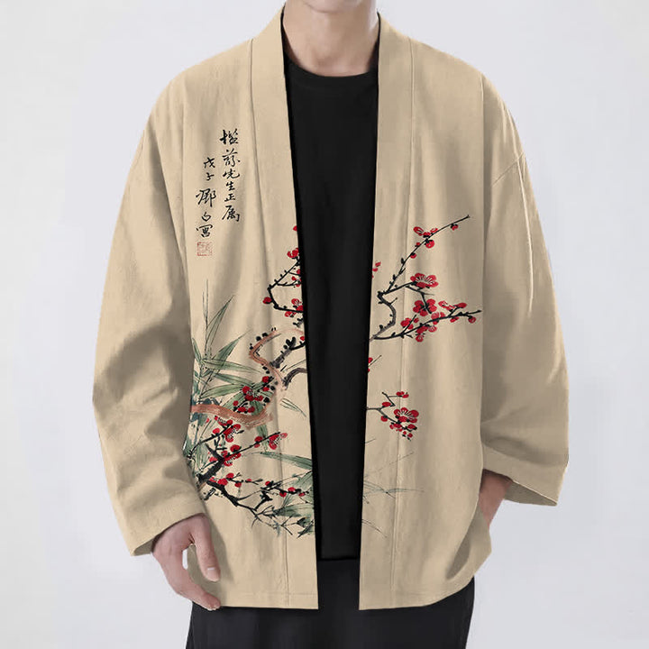 Buddha Stones Cotton Red Plum Bamboo Pattern Open Front Men's Kimono - Wheat - US/UK/AU48，EU58 (4XL) - image 0
