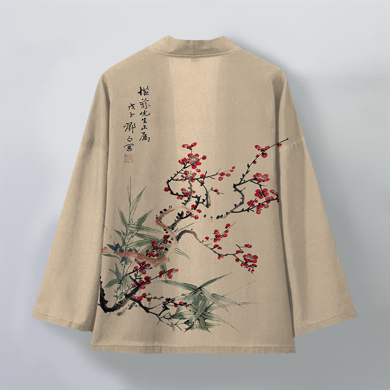 Buddha Stones Cotton Red Plum Bamboo Pattern Open Front Men's Kimono - image 2