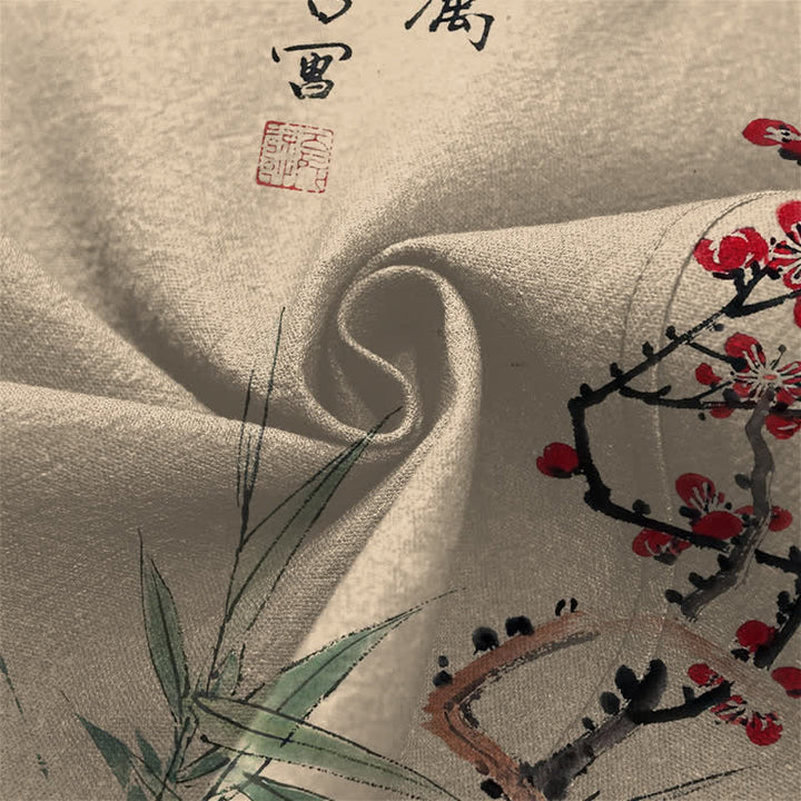 Buddha Stones Cotton Red Plum Bamboo Pattern Open Front Men's Kimono - image 5