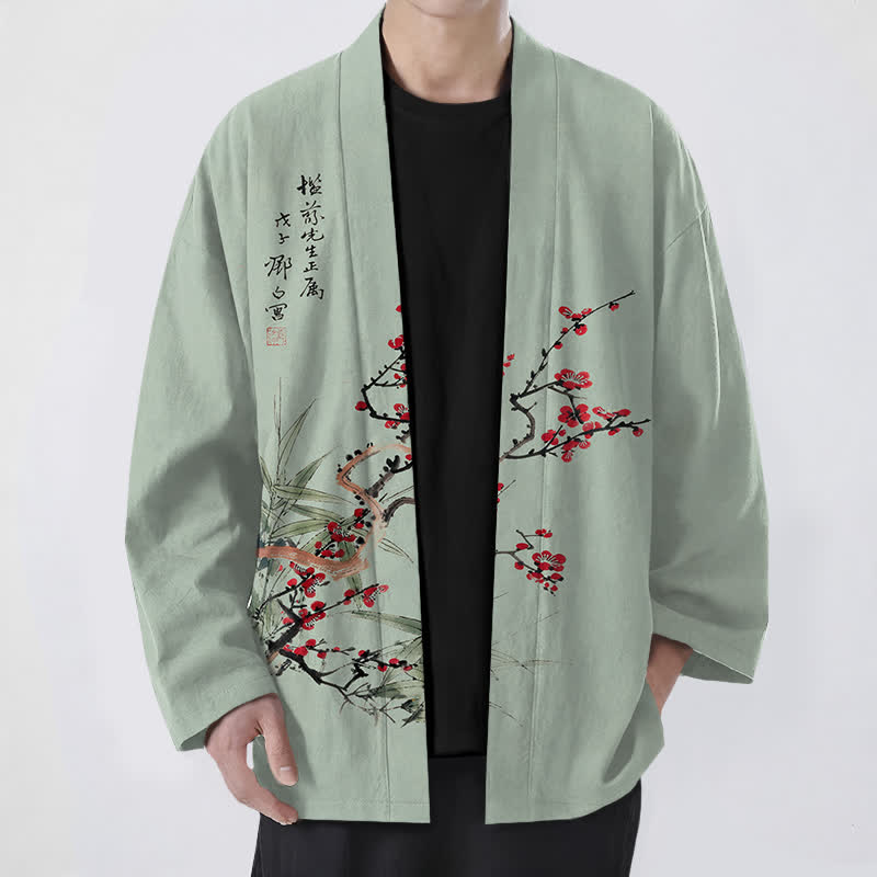 Buddha Stones Cotton Red Plum Bamboo Pattern Open Front Men's Kimono - DarkSeaGreen - US/UK/AU48，EU58 (4XL) - image 6