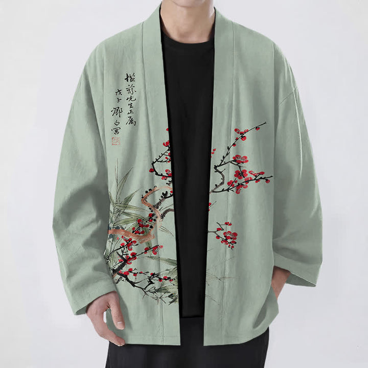 Buddha Stones Cotton Red Plum Bamboo Pattern Open Front Men's Kimono - DarkSeaGreen - US/UK/AU48，EU58 (4XL) - image 6