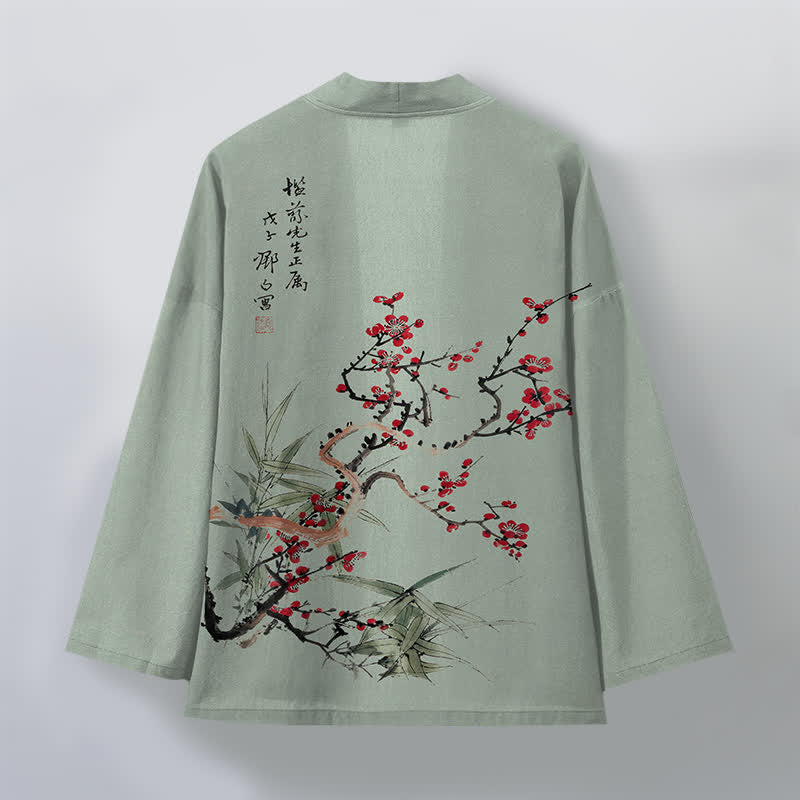 Buddha Stones Cotton Red Plum Bamboo Pattern Open Front Men's Kimono - image 8