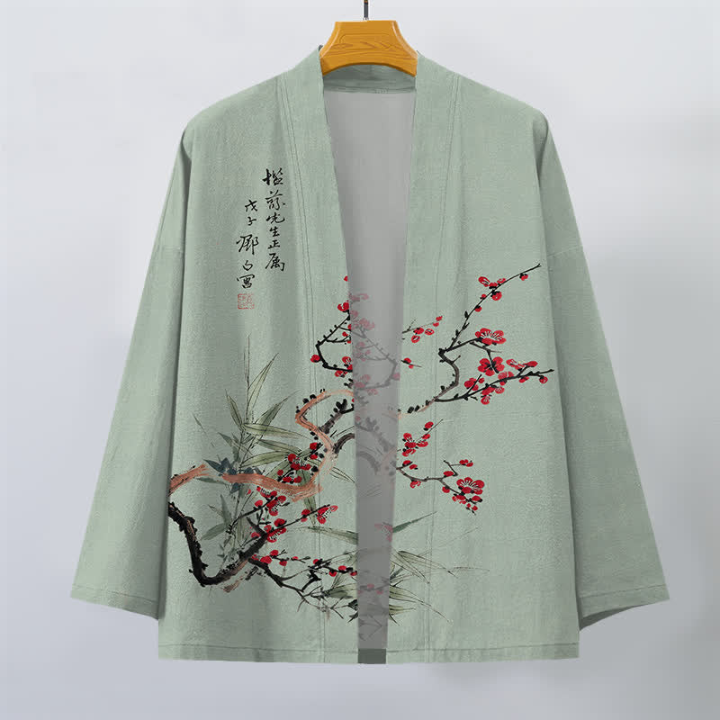 Buddha Stones Cotton Red Plum Bamboo Pattern Open Front Men's Kimono - image 7