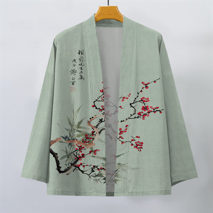 Buddha Stones Cotton Red Plum Bamboo Pattern Open Front Men's Kimono - image 7