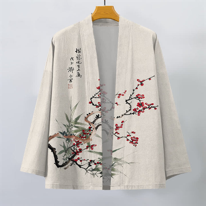 Buddha Stones Cotton Red Plum Bamboo Pattern Open Front Men's Kimono - image 10