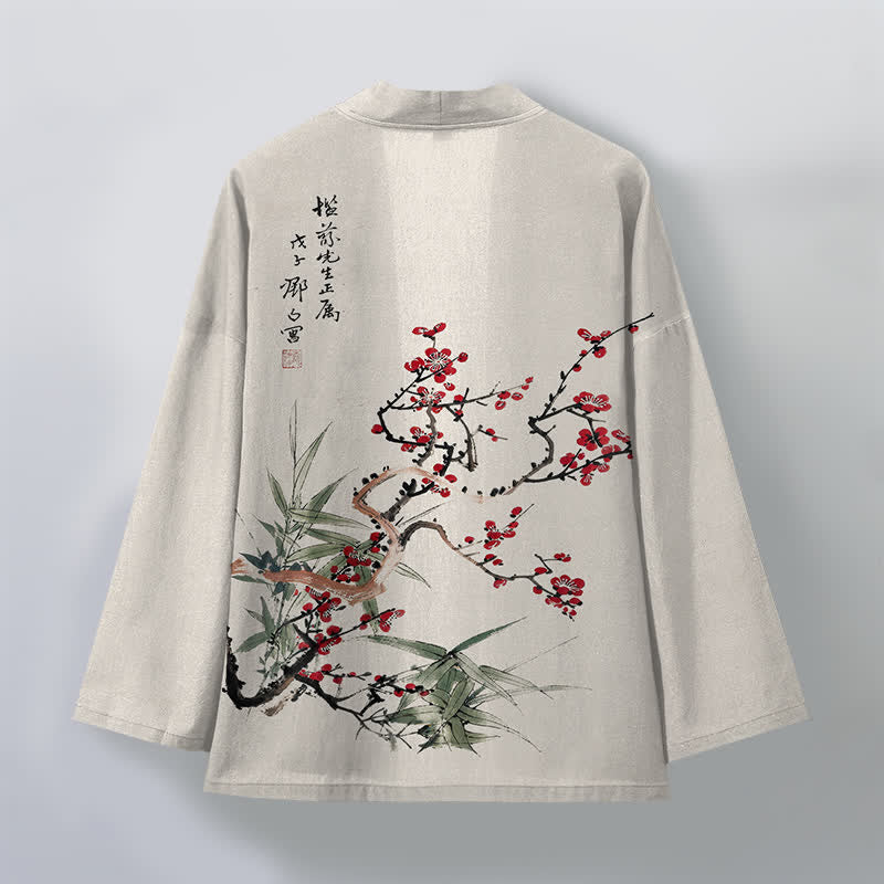 Buddha Stones Cotton Red Plum Bamboo Pattern Open Front Men's Kimono - image 11