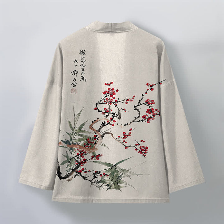 Buddha Stones Cotton Red Plum Bamboo Pattern Open Front Men's Kimono - image 11