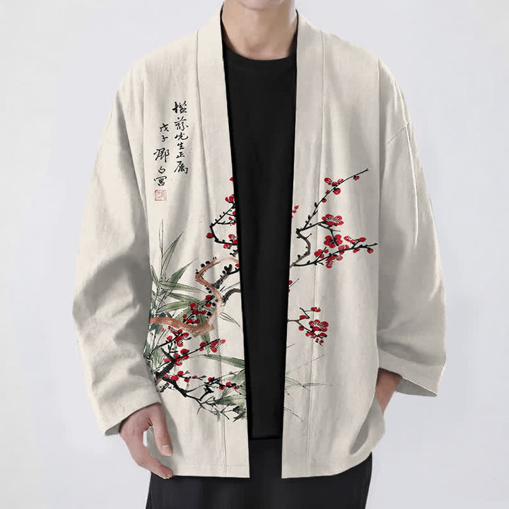 Buddha Stones Cotton Red Plum Bamboo Pattern Open Front Men's Kimono - Beige - US/UK/AU48，EU58 (4XL) - image 9