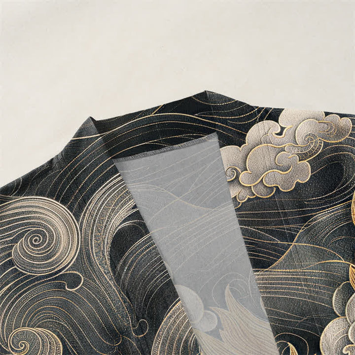 Buddha Stones Cotton Golden Dragon Cloud Pattern Open Front Men's Kimono - image 3